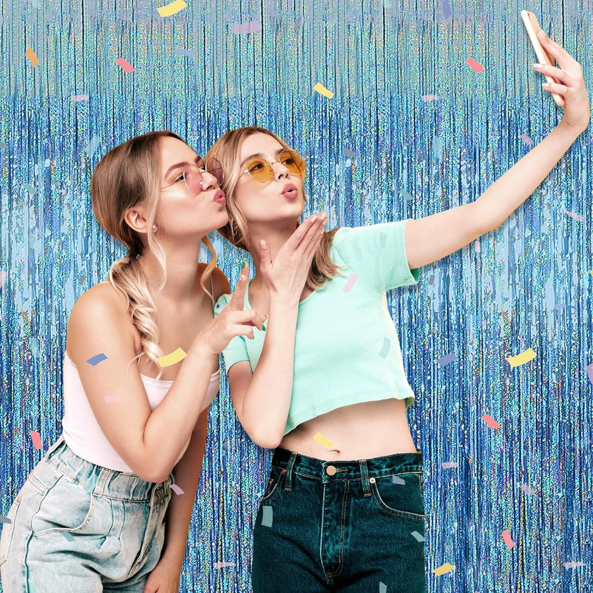 3 Pack Light Blue Foil Fringe Curtain Backdrop, 3.28Ft x 8.2Ft Metallic Tinsel Foil Fringe Streamer