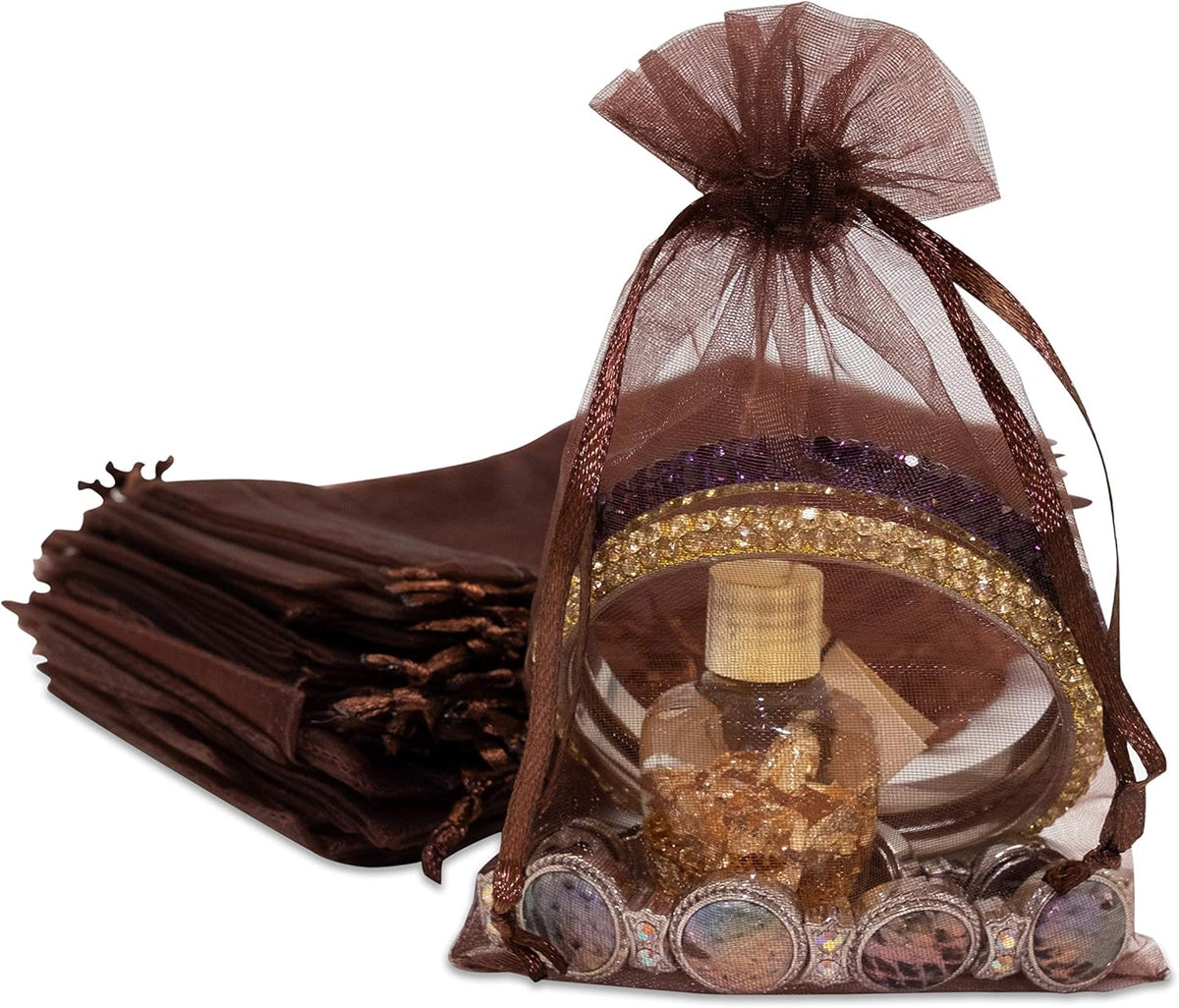 TheDisplayGuys 100-Pack 4x6 Brown Sheer Organza Gift Bags with Drawstring, Jewelry Candy Treat