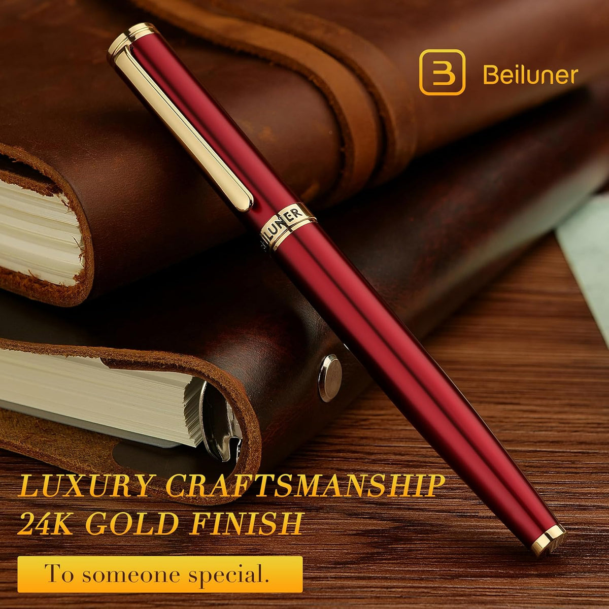 BEILUNER Red Fountain Pen,Stunning Luxury Pens with 24K Gold Finish, Gorgeous 24K Gilded