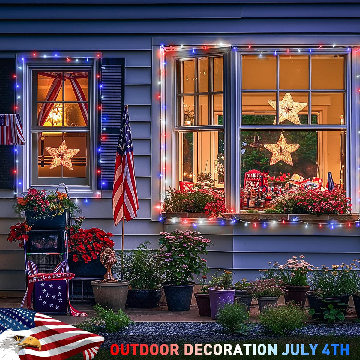 JMEXSUSS 600 LED Red White and Blue Lights Outdoor Plug in, 4th of July Decorations Outdoor Lights