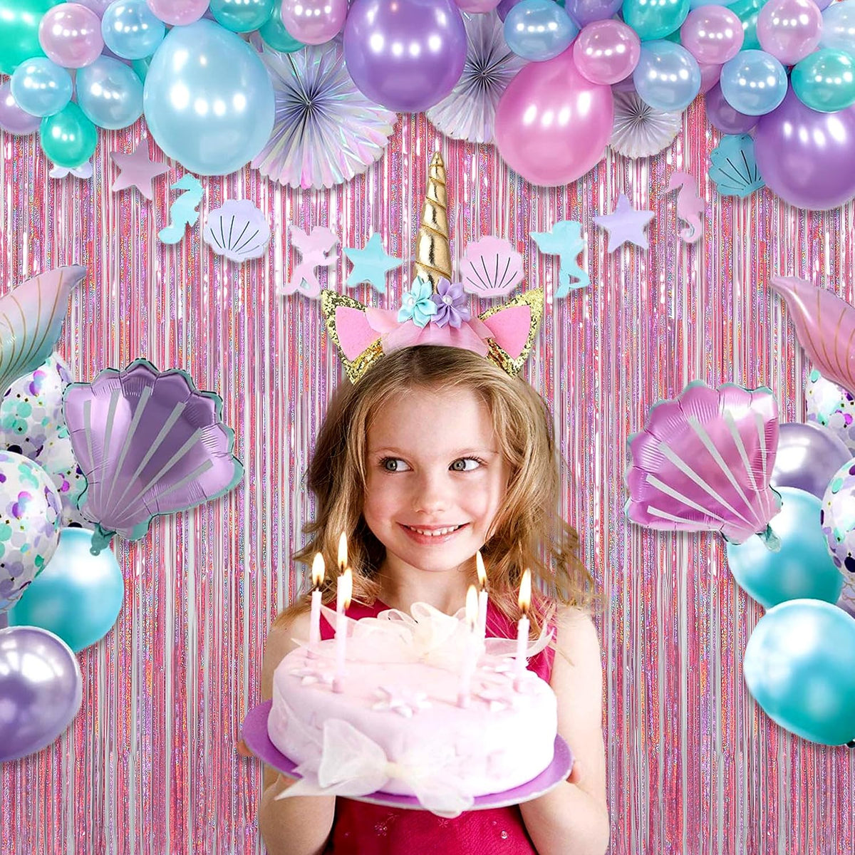Melsan Pink Tinsel Curtains Backdrop, 3.2 ft x 8.2 ft Sparkle Metallic Foil Curtains for Unicorn