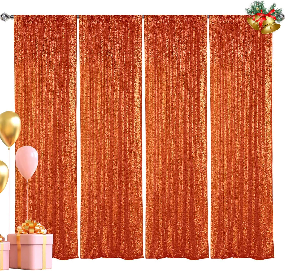 Hahuho Orange Sequin Backdrop Curtain, 4PCS 2FTx8FT Glitter Backdrop Curtain for Parties