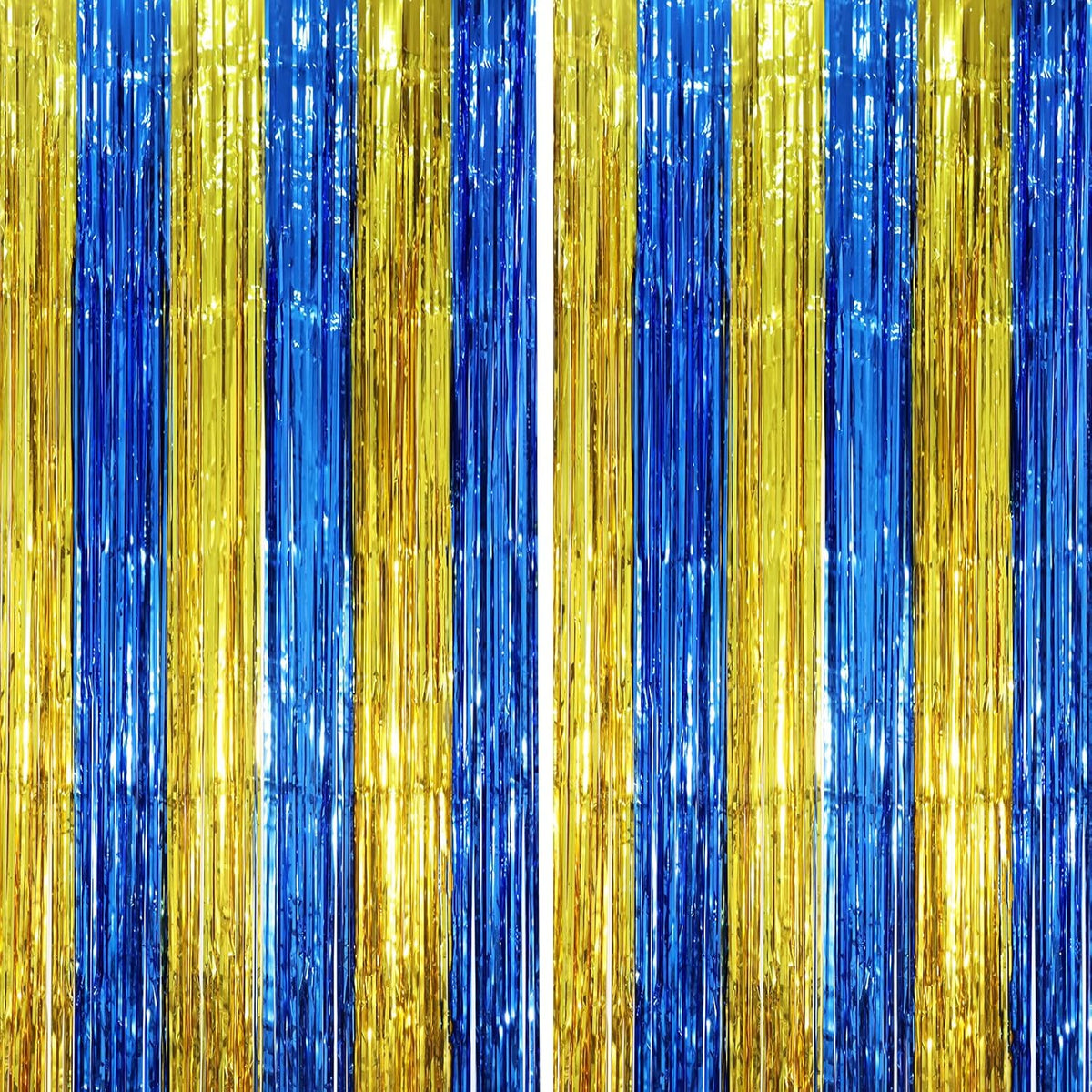 2 Pack Blue Gold Foil Fringe Backdrop Curtains, Graduation Tinsel Streamers Party Decorations