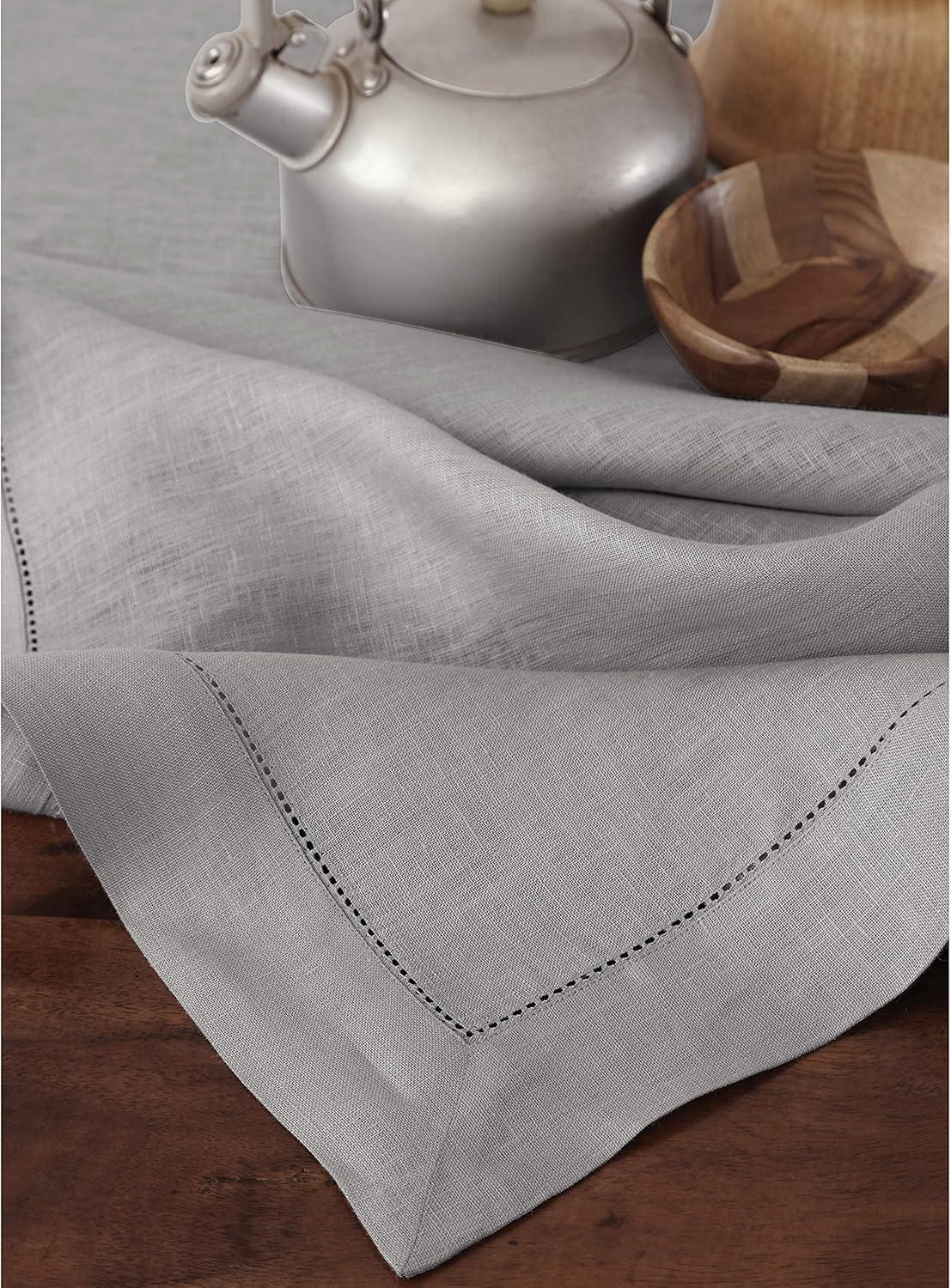 Solino Home Soft Grey Linen Tablecloth 60 x 120 Inch - 100% Pure Linen Hemstitch Table Cloth for