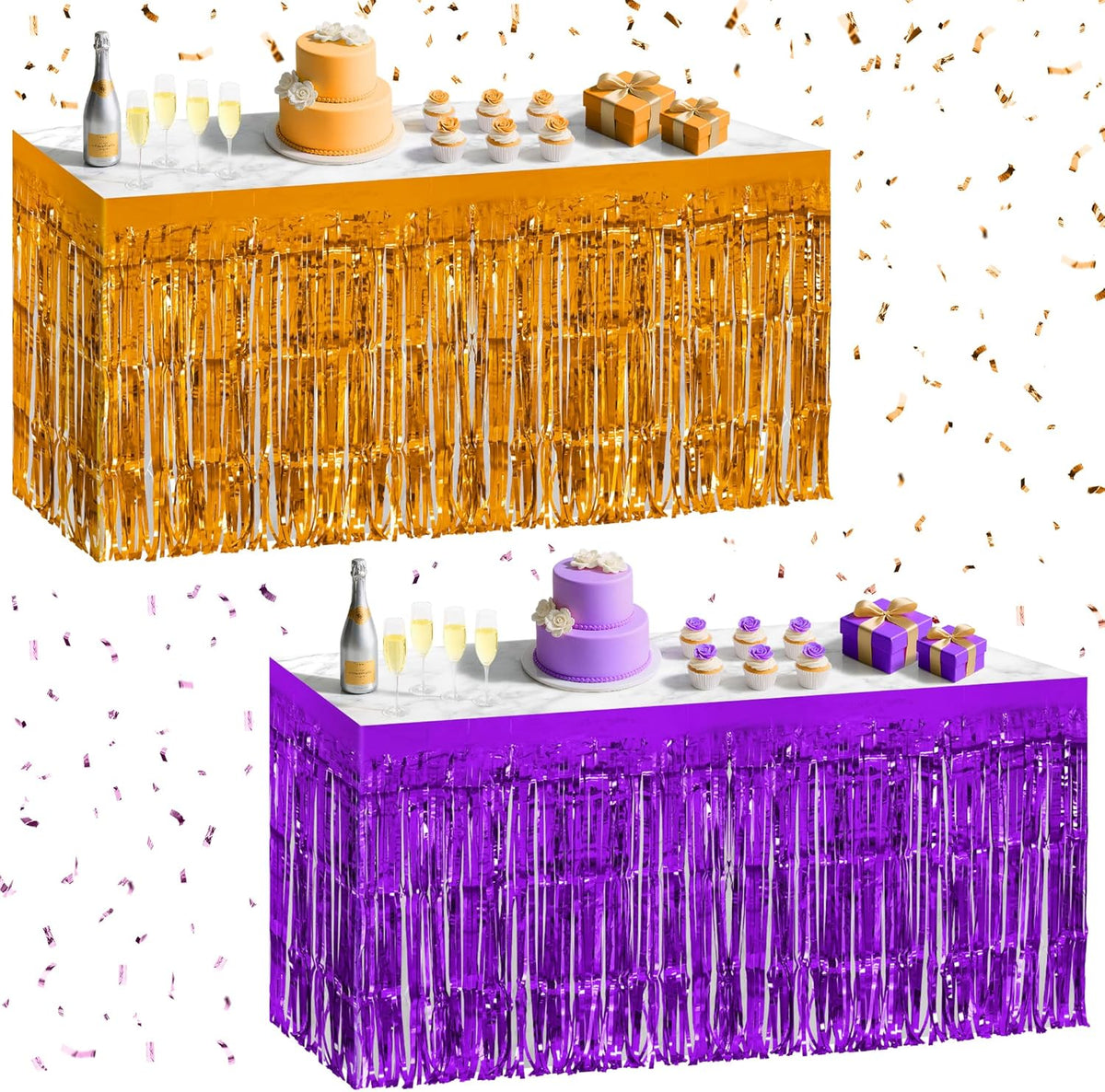 2 Pack Dark Purple Orange Table Skirts, 29x108" Metallic Foil Tinsel Fringe Table Skirt for
