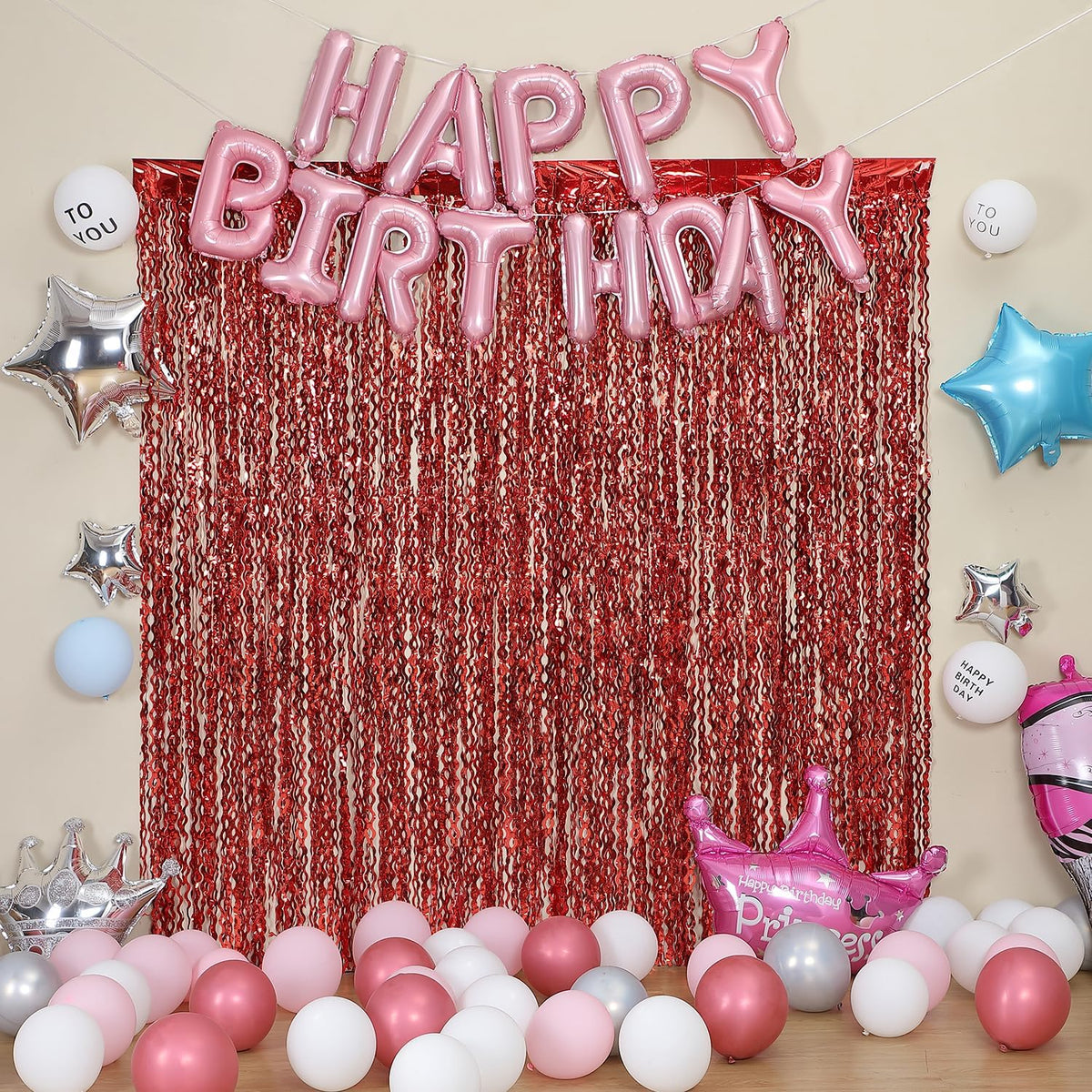 3 Pack Red Aluminium Foil Curtains, 3.3ft x 6.6ft, Wavy Shape, for Party Decorations & Photo