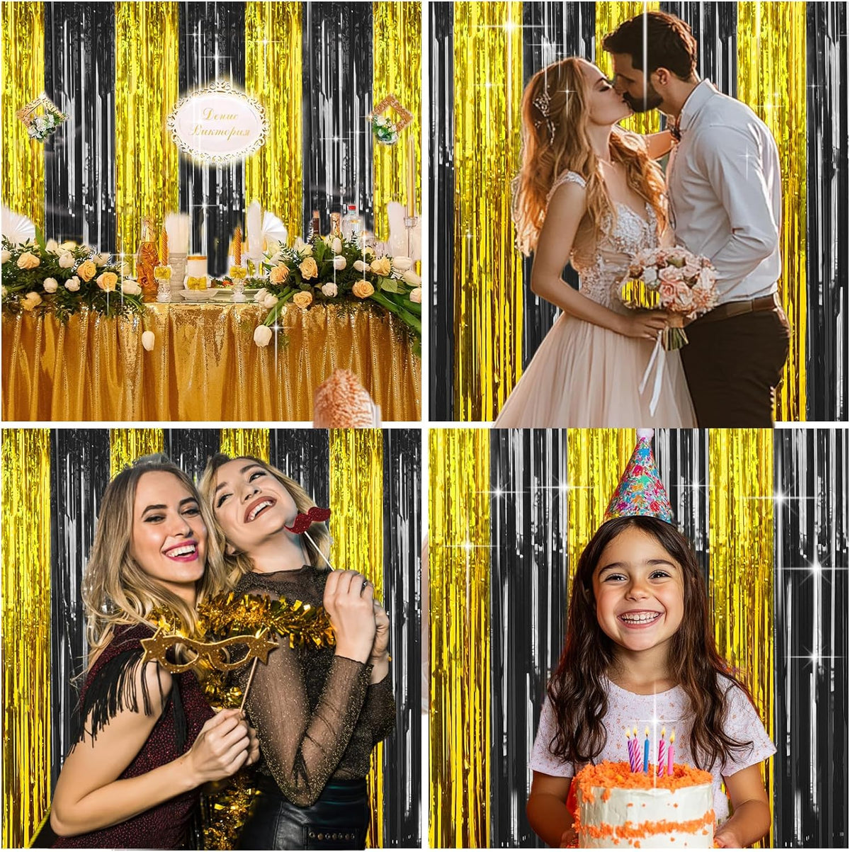 4 Packs Black and Gold Foil Fringe Curtain, Black Gold Metallic Tinsel Backdrop for Birthday
