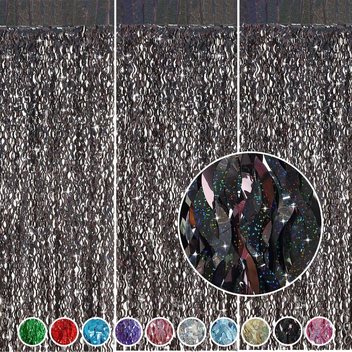 Black Foil Curtain Backdrop, CYLMFC 3 Pack 3.3 ft x 6.6 ft Sparkle Metallic Foil Curtains for Photo