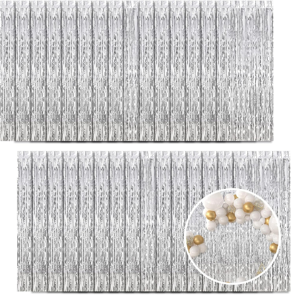 30 Pack Silver Foil Fringe Curtain Backdrop, 3.3x8.2 Feet Metallic Tinsel Streamer Curtains Photo