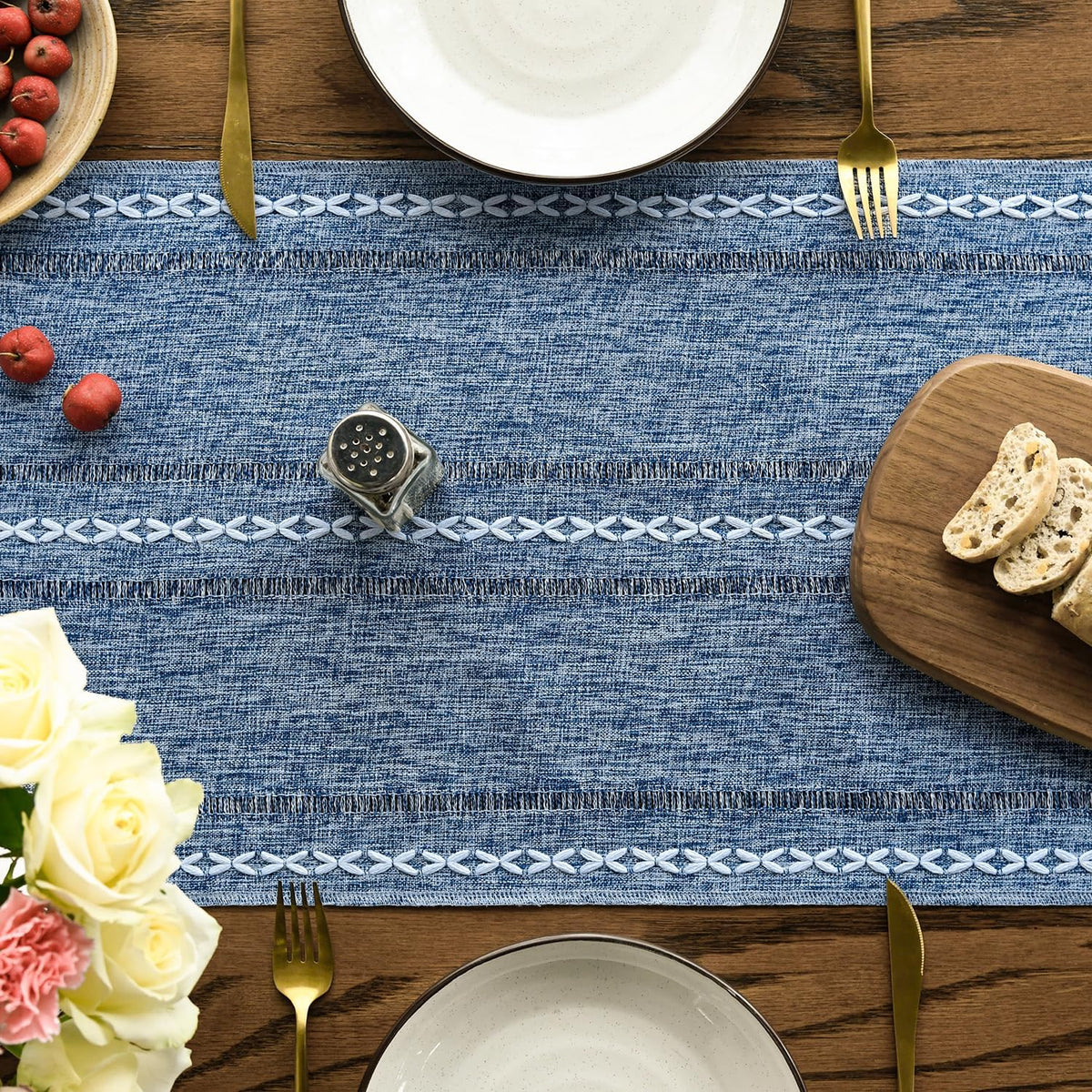 Artoid Mode Blue Rustic Cotton Linen Table Runner, Seasonal Embroidered Hollow Kitchen Dining Table