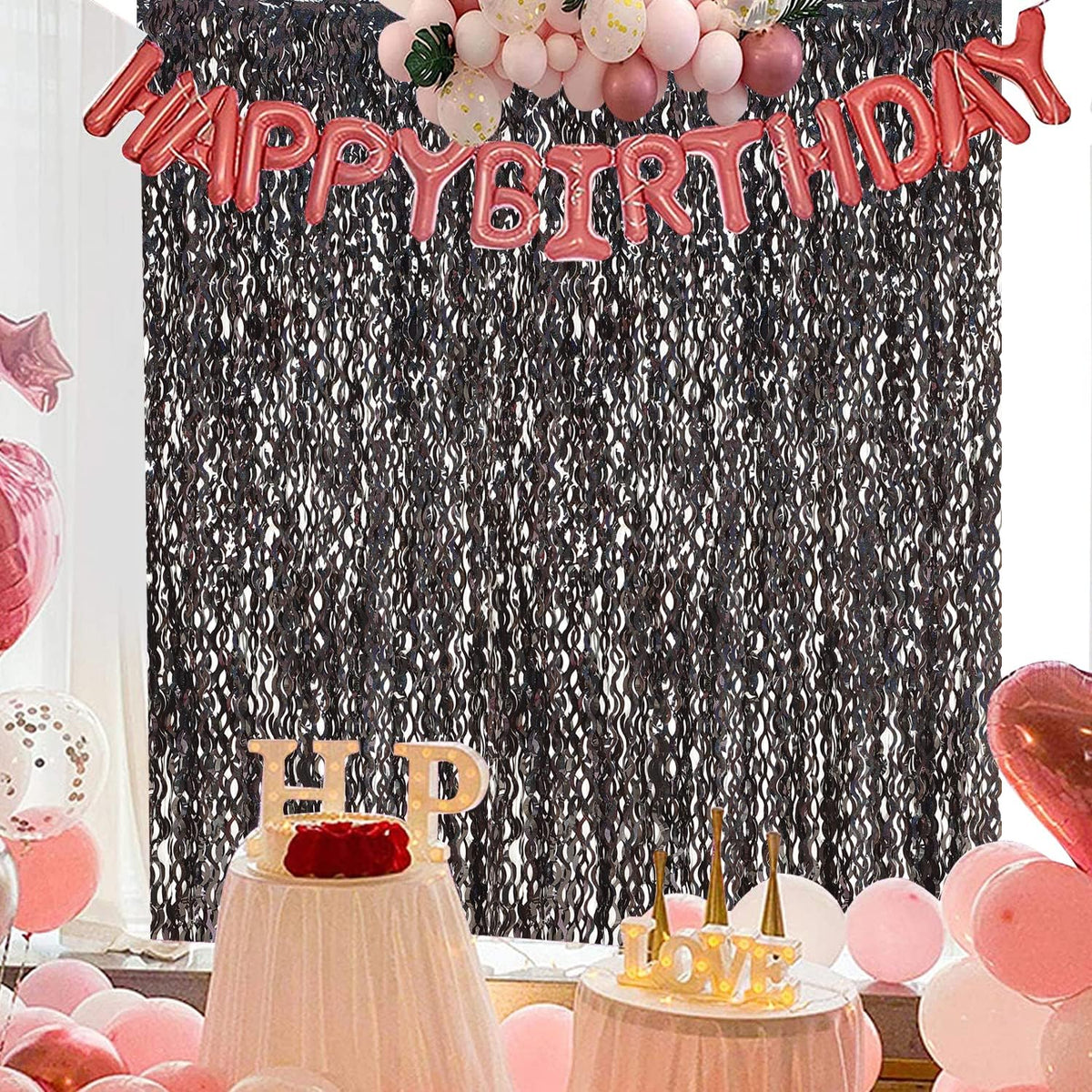 Black Foil Curtain Backdrop, CYLMFC 3 Pack 3.3 ft x 6.6 ft Sparkle Metallic Foil Curtains for Photo