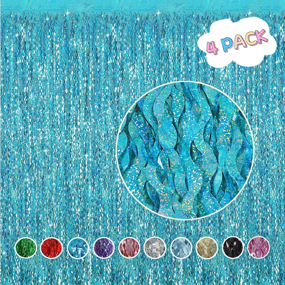 4 Pack Teal Aqua Blue Wavy Foil Fringe Curtains Party Decorations - 3.3 ft x 6.6 ft Sparkle
