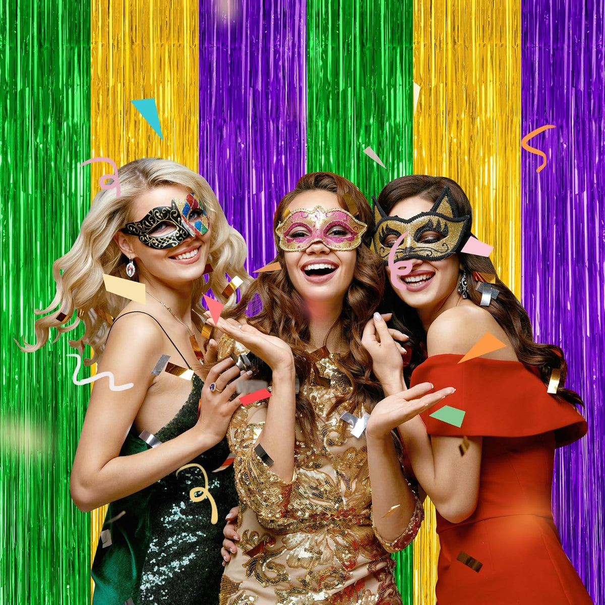 2 Pack Mardi Gras Tinsel Backdrop, 3.28 FT x 7.05 FT Metallic Fringe Curtain, Purple Gold Green