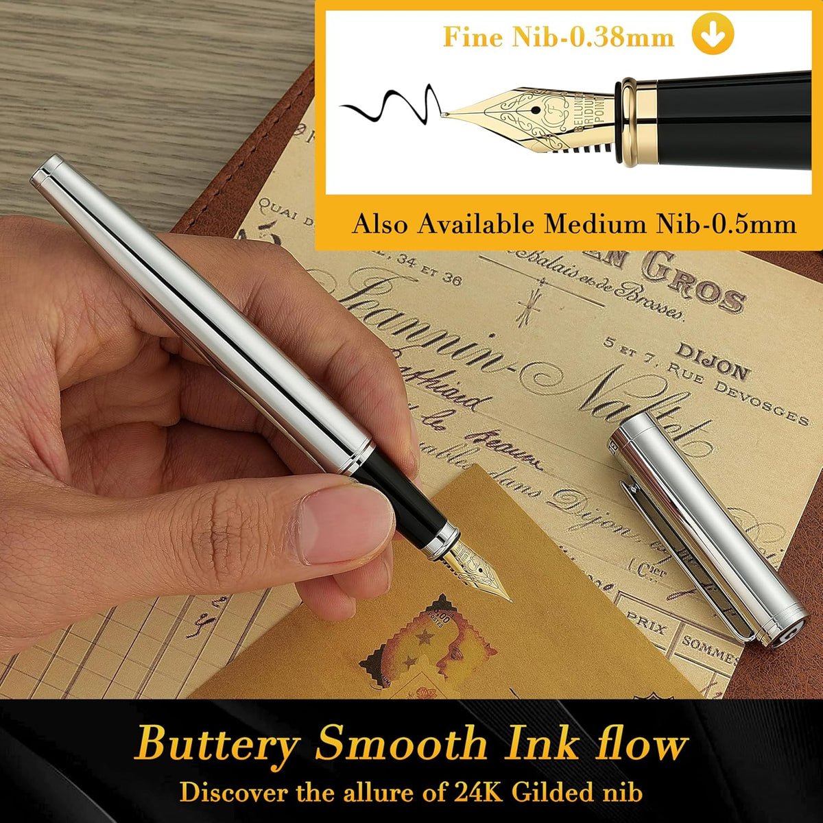 BEILUNER Silver Fountain Pen,Stunning Luxury Pens with Bright Silver Chrome, Gorgeous 24K Gilded
