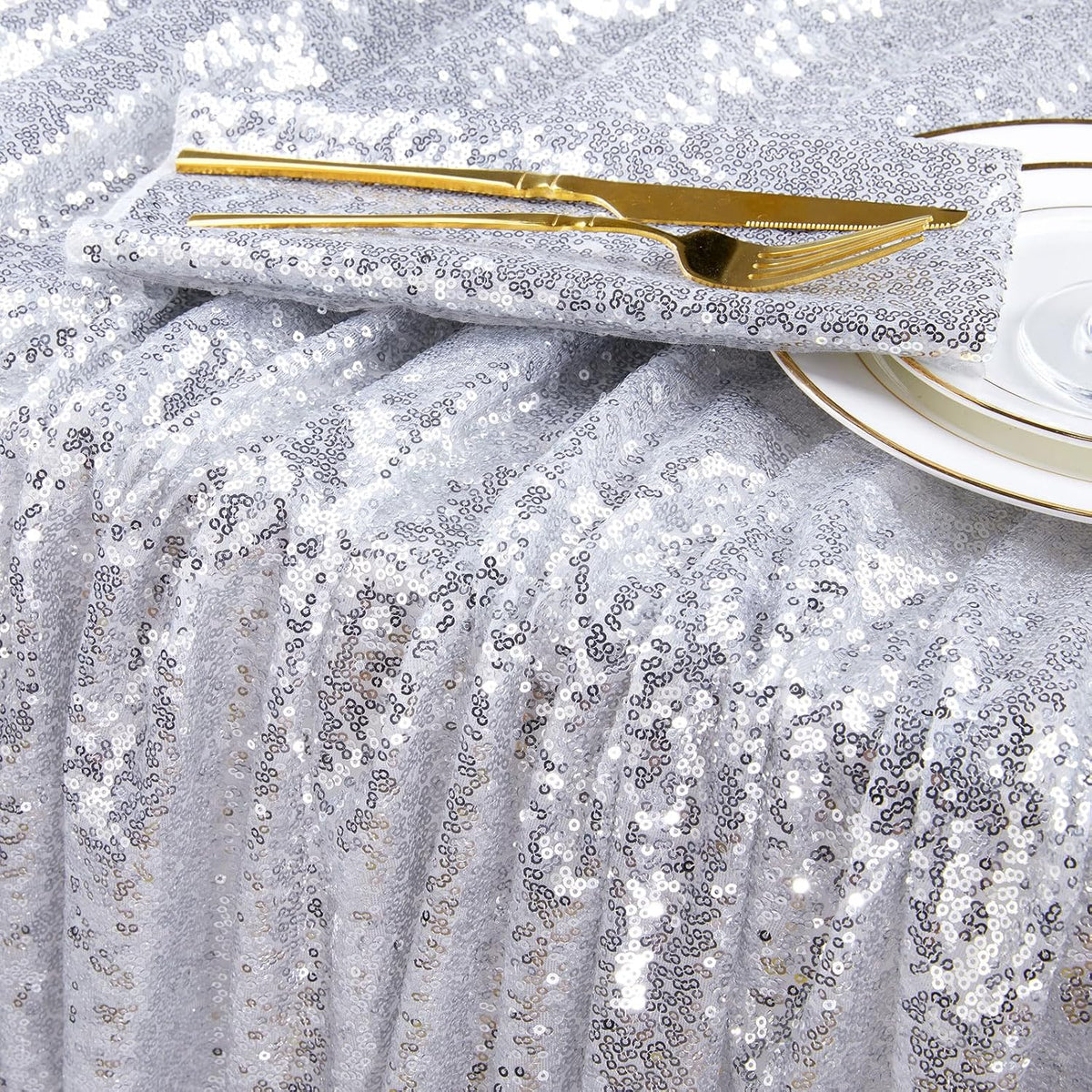 QueenDream Sequin Tablecloth 60x102 Inch Silver Tablecloth Christmas Glitter Tablecloth 6ft for