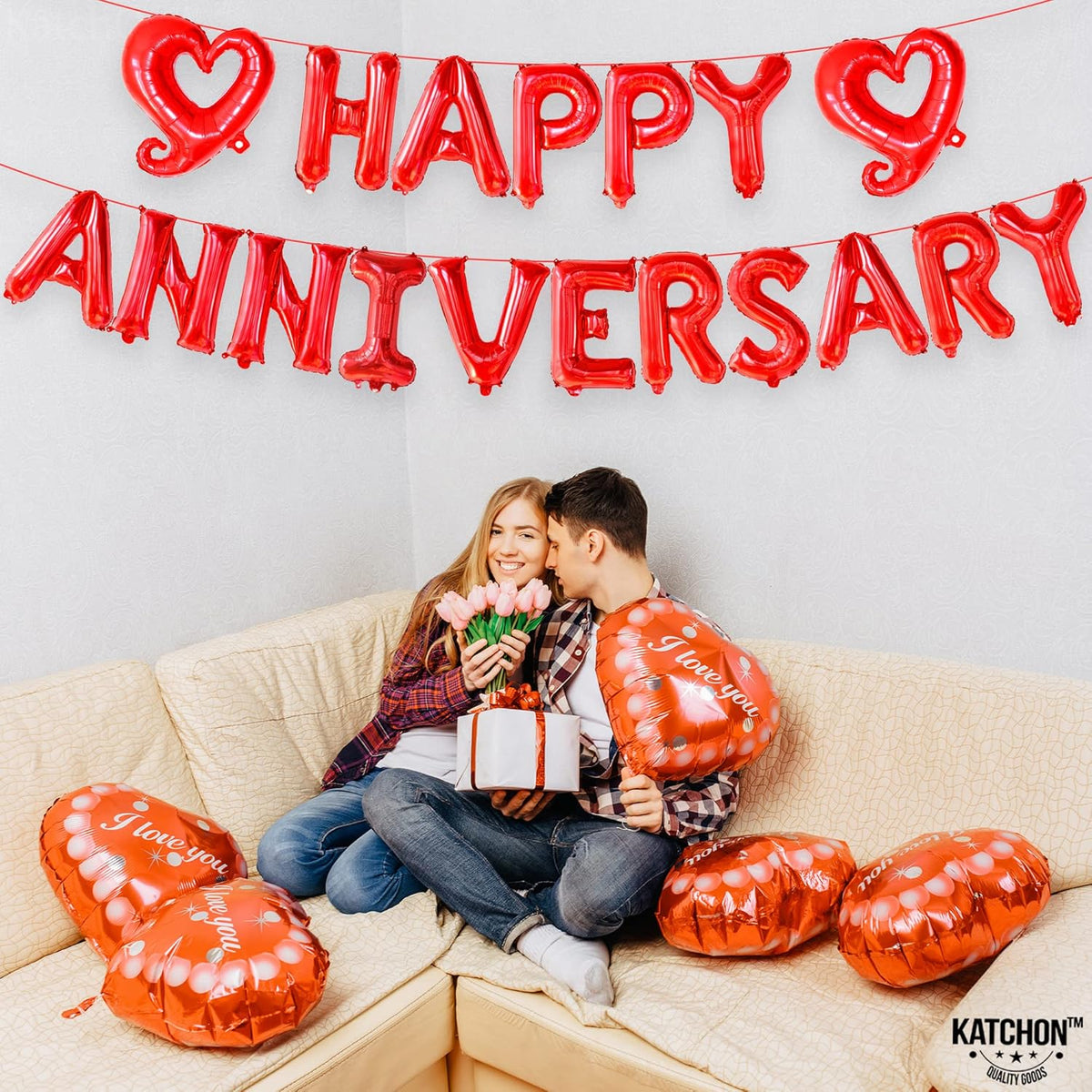 KatchOn 18 Inch Happy Anniversary Balloons Letters - Big Red Banner for Decorations | Heart