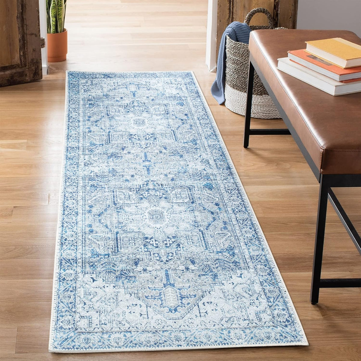 Bloom Rugs Washable Non-Slip 7 ft Runner - Blue/Gray Traditional Runner for Entryway, Hallway