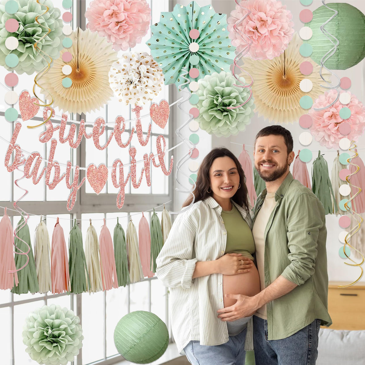 Sage Green and Blush Pink Baby Shower Decorations - Sweet Baby Girl Banner, Olive Green Lanterns