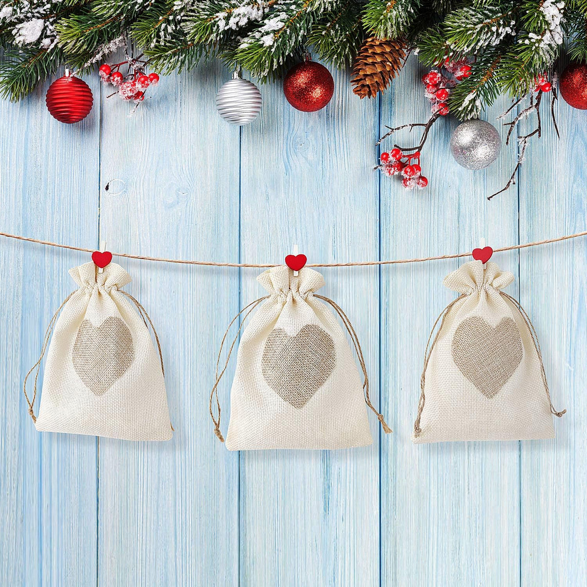 SumDirect Heart Burlap Bags with Drawstring - 36Pcs 5x7Inch Beige Small Linen Gift Pouch for