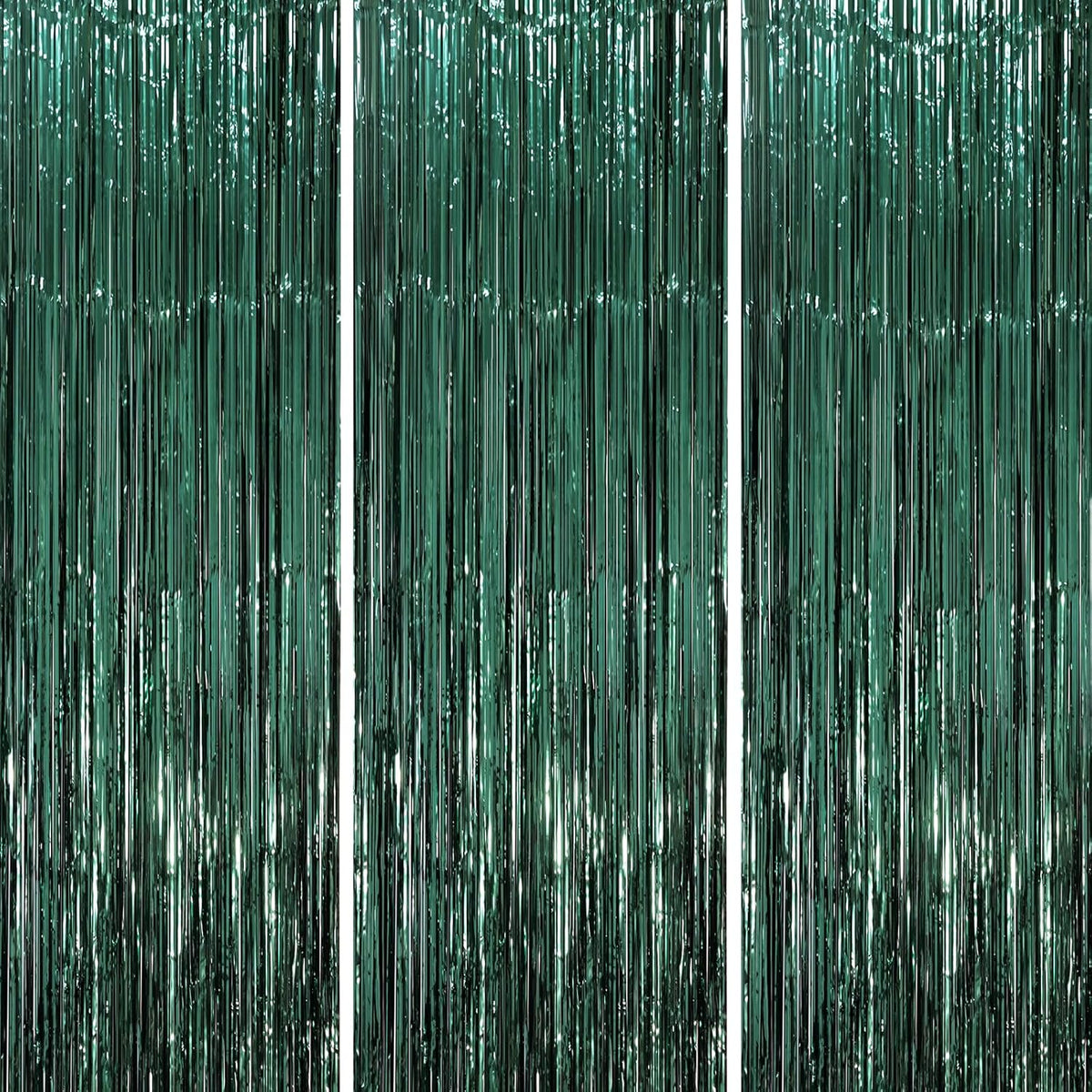 3 Pack 3.3 x 8.2 ft Retro Green Foil Fringe Backdrop Curtains, Tinsel Streamers Party Decorations