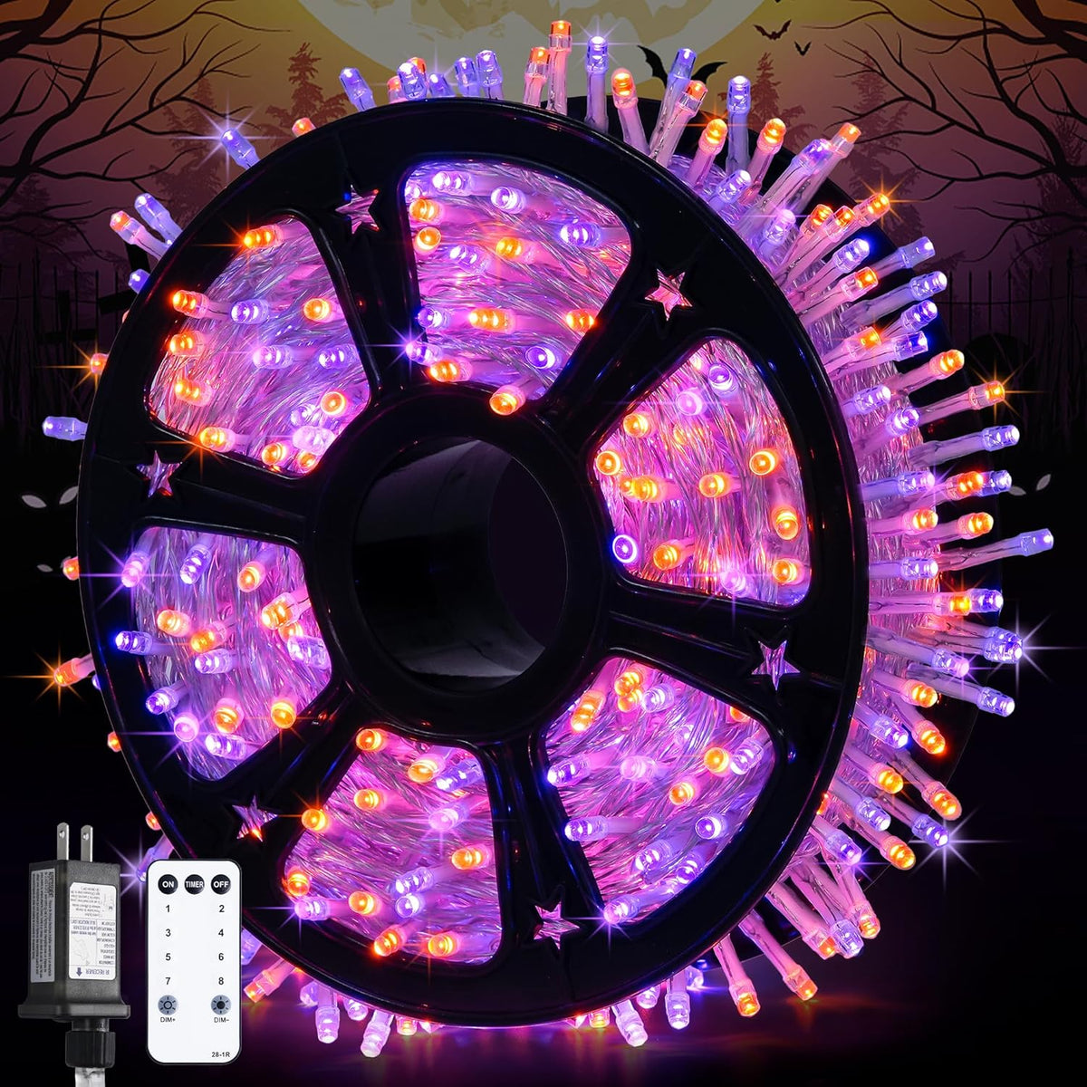 JMEXSUSS 600 LED Christmas String Lights Outdoor, Orange and Purple Lights Clear Wire, Christmas