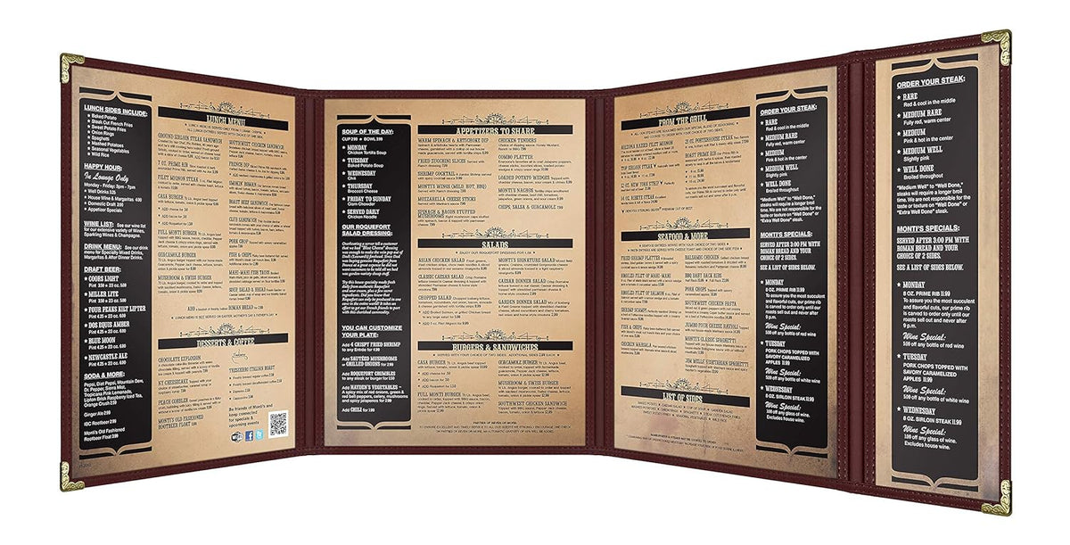 Goodsmart Restaurant Menu Covers – 25 Pack Burgundy Quadfold 8-View, Side-Loading Menu Holders