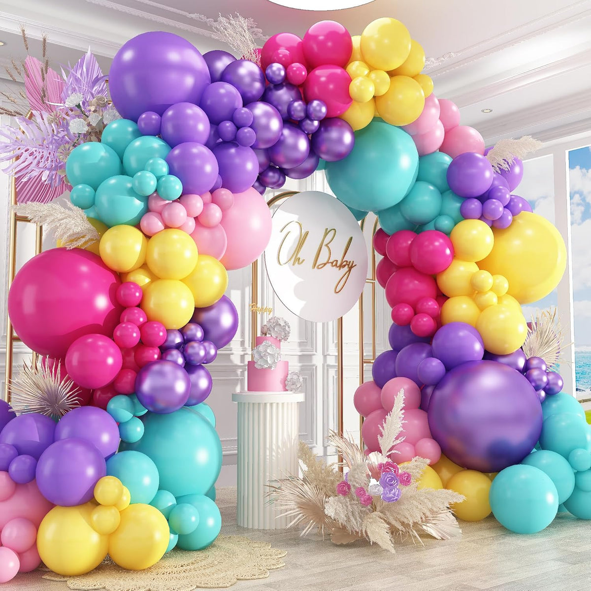 412pcs Purple Blue Pink Balloon Garland Arch Kit, 18 12 10 5 inch Different Sizes Hot Pink Metallic