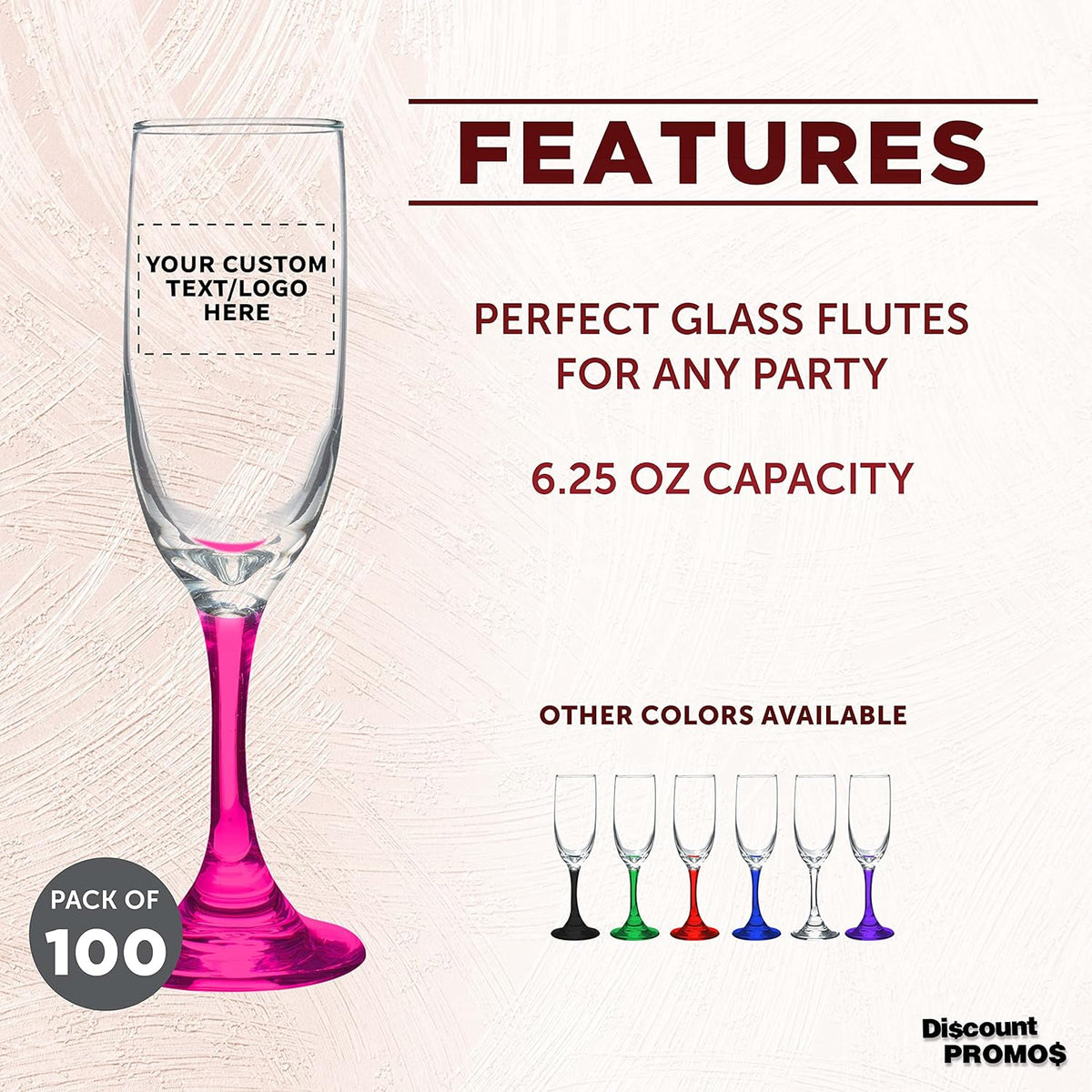 DISCOUNT PROMOS Custom Premiere Champagne Flutes 6.25 oz. Set of 100, Personalized Bulk Pack
