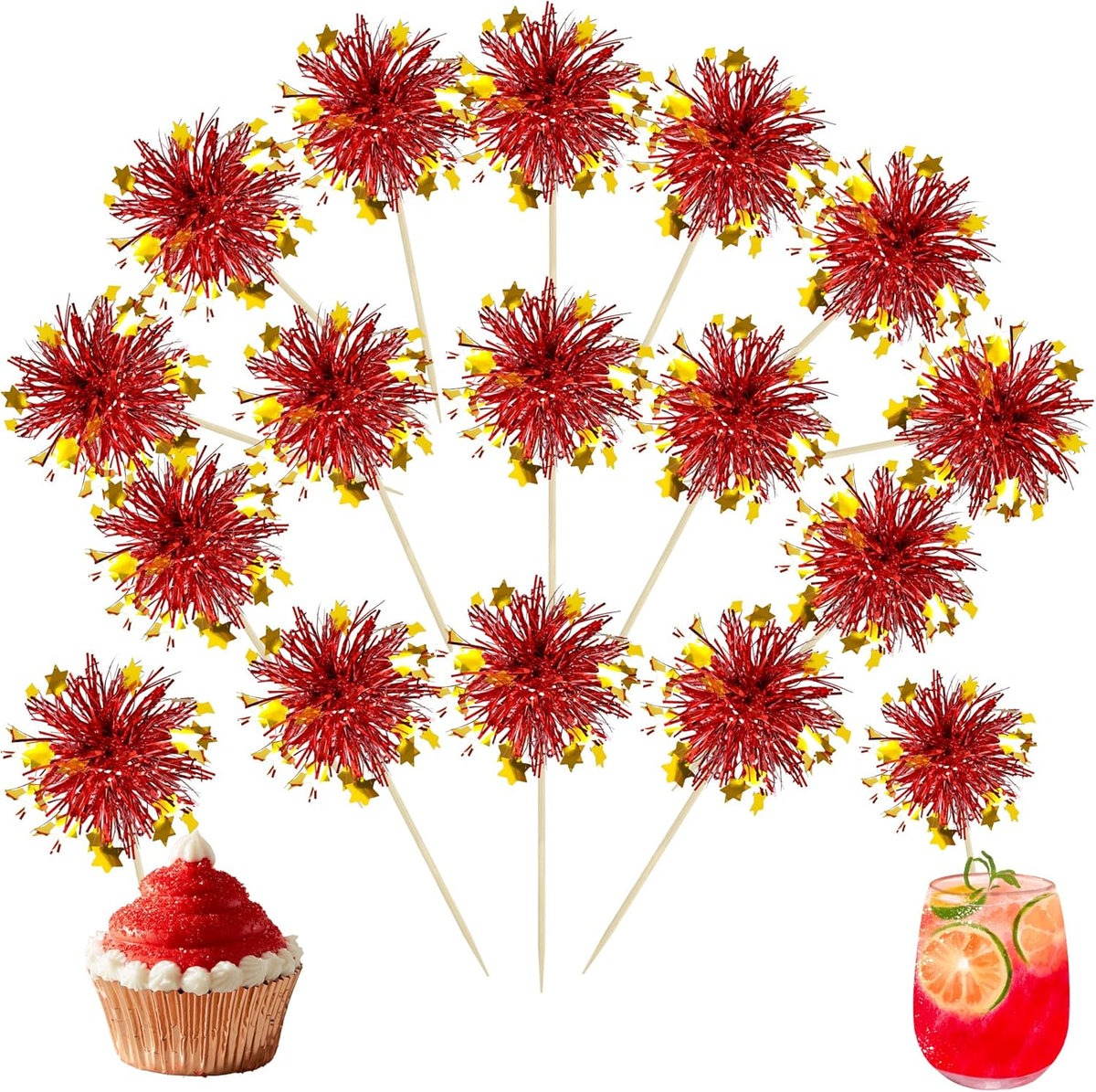 Ephlyn 30Pcs Foil Firework Cupcake Toppers Party Birthday Cake Toppers Supplies Sparkle Tinsel