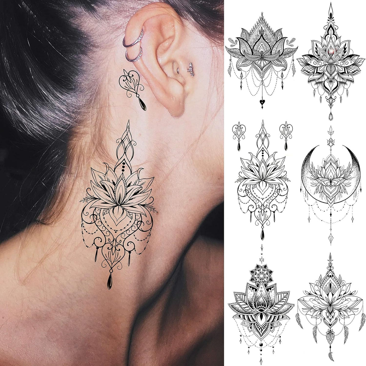 15 Sheets Sexy Black Lotus Temporary Tattoos For Women Wedding Brides, Tribal Fake Jewelry Pendant