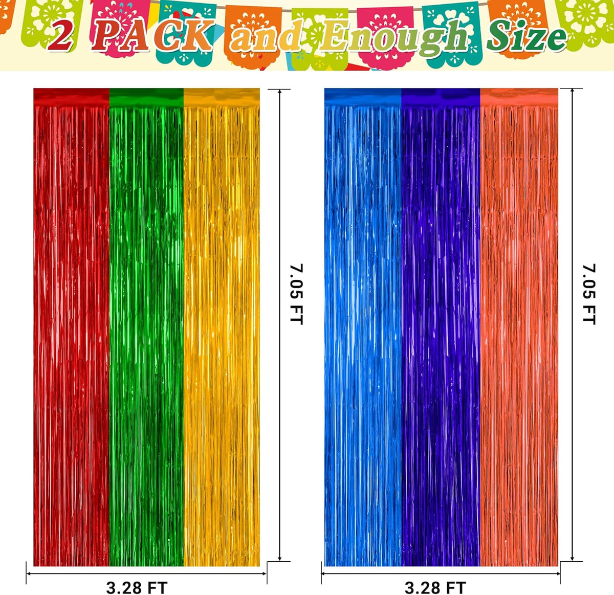 2 Pack Cinco De Mayo Decorations, 3.28 FT x 7.05 FT Fiesta Rainbow Backdrop, Mexican Style Fringe