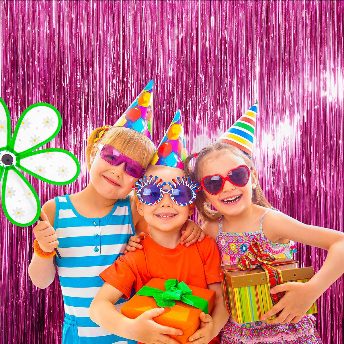 BTSD-home 10 Pack Pink Foil Fringe Curtain, Metallic Photo Booth Backdrop Tinsel Door Curtains for