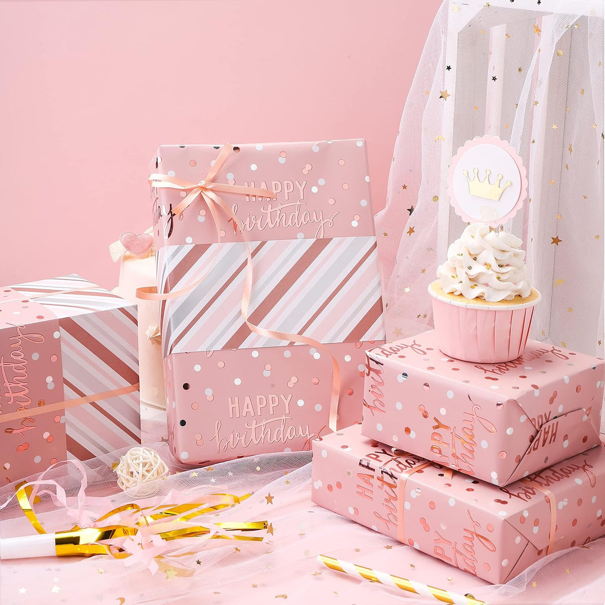LeZakaa Reversible Pink Birthday Wrapping Paper Roll for Girls Women, Happy Birthday Lettering &