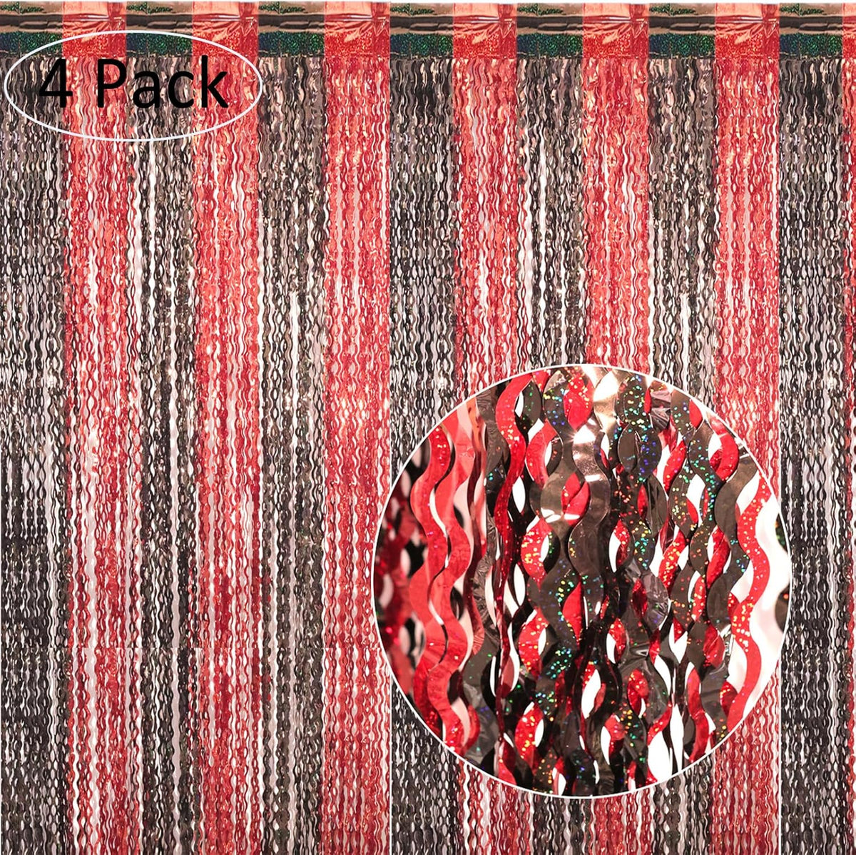 4 Pack 3.3x6.6 ft Red and Black Foil Fringe Backdrop Curtains - Wavy Tinsel Streamers Birthday