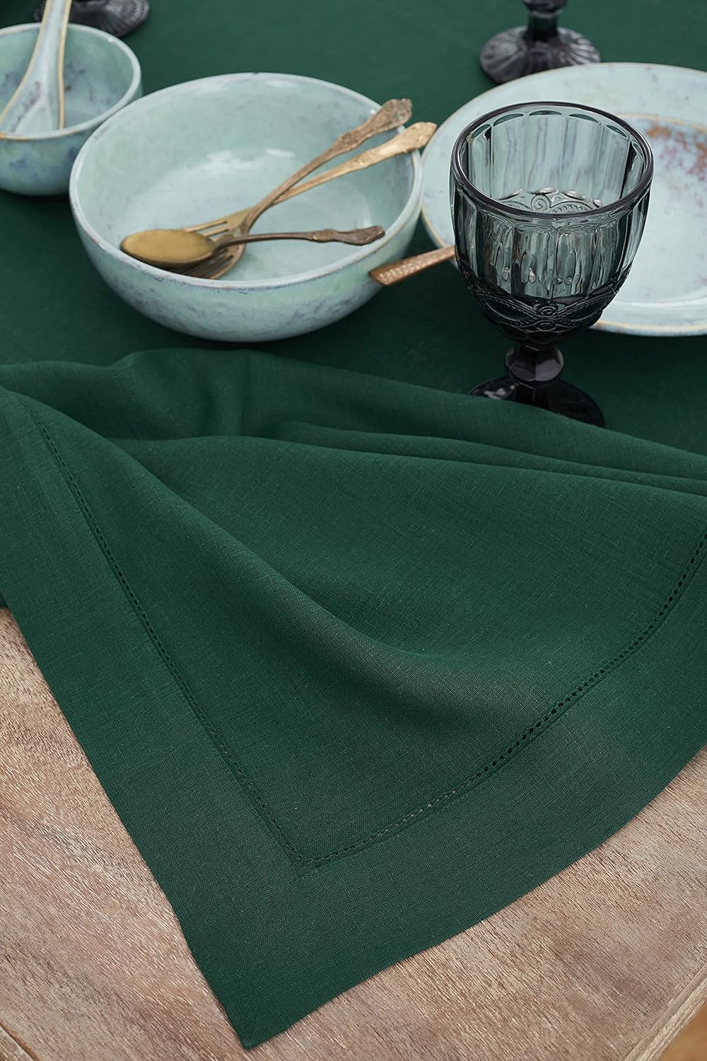 Solino Home Linen Tablecloth 60 x 120 Inch - Classic Hemstitch 100% Pure Linen Rainforest Green