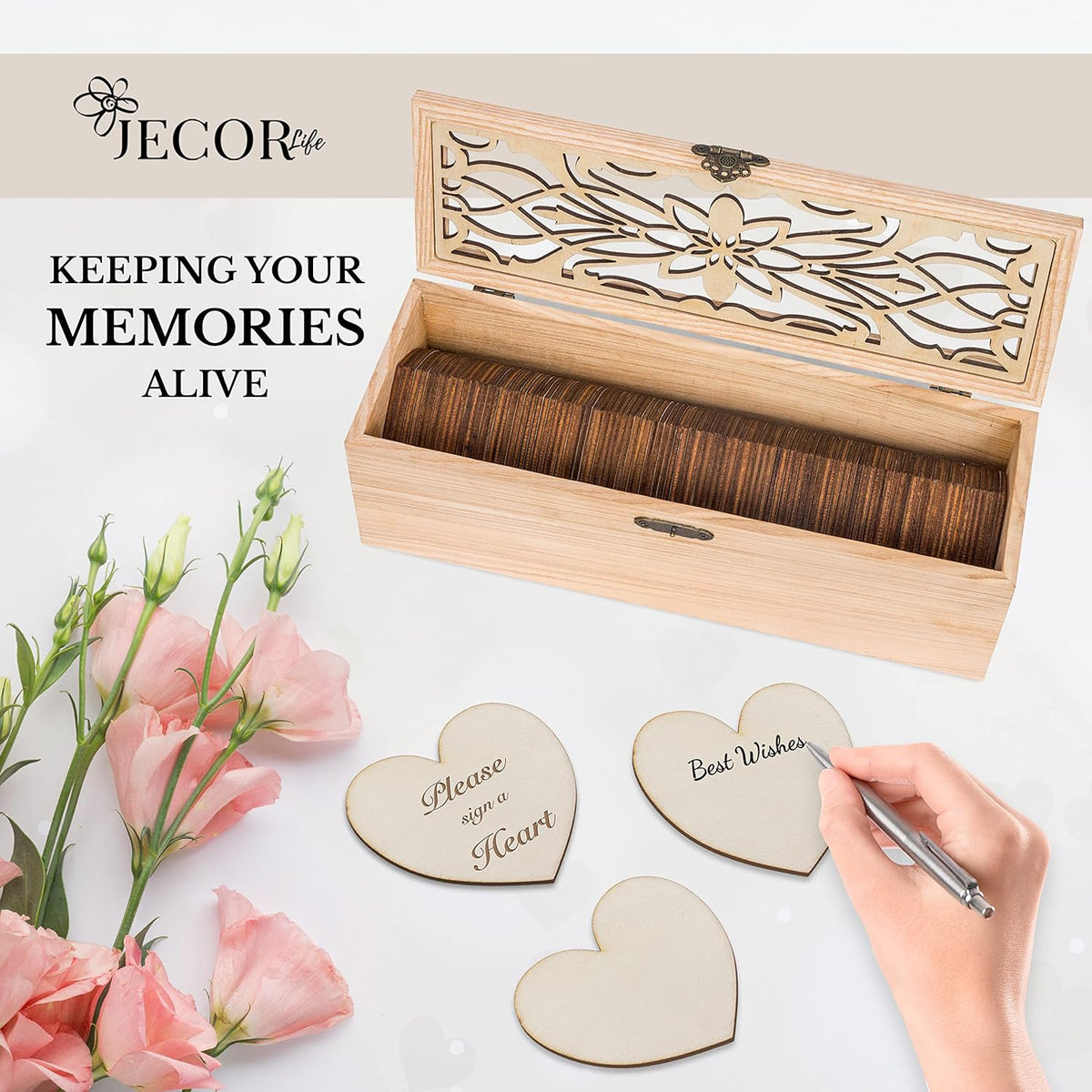 Alternative Guest Book Box - Wedding Guest book Alternative - 98 Large Wooden Hearts - Also for