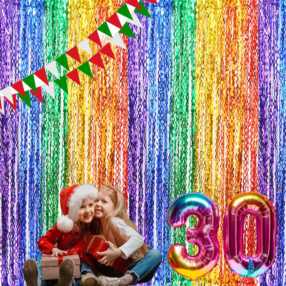 3 Pack Rainbow Foil Curtains - 3.3x6.6ft Metallic Streamers Tinsel Curtains Background for Photo