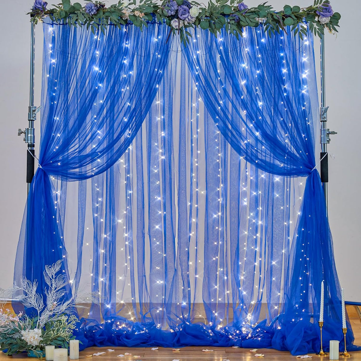 Royal Blue Backdrop Curtains with Lights String for Parites Wedding 10×8ft Sheer Tulle Backdrop