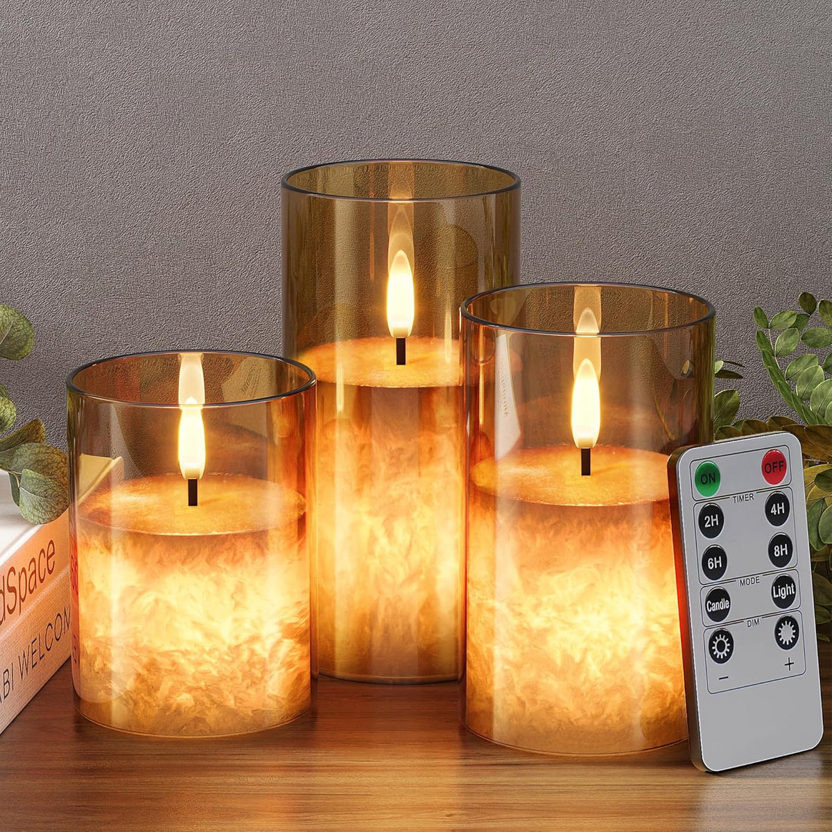 Ice Crystal Real Wax Glass Flameless Candles with Remote & Timer, Battery Operated Candles with