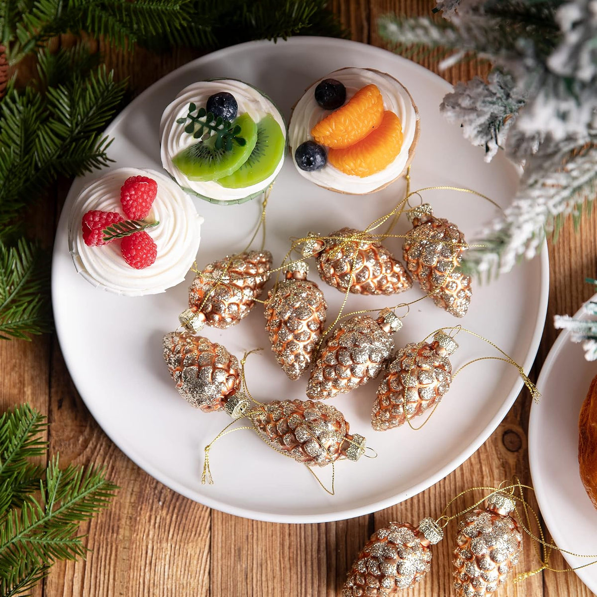 Watayo 12 Pcs Christmas Pinecone Glass Ornaments- Fall Hanging Pine Cone Painted Glass Ornaments