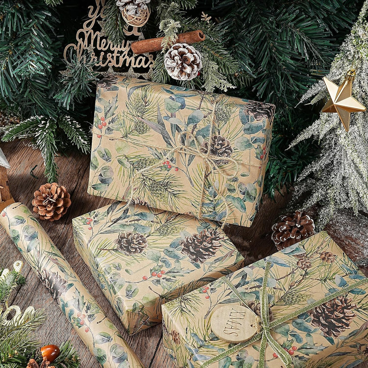 RUSPEPA 30" X 32.8' Kraft Christmas Wrapping Large Paper Roll, Jumbo Roll, Watercolor Pinecone and