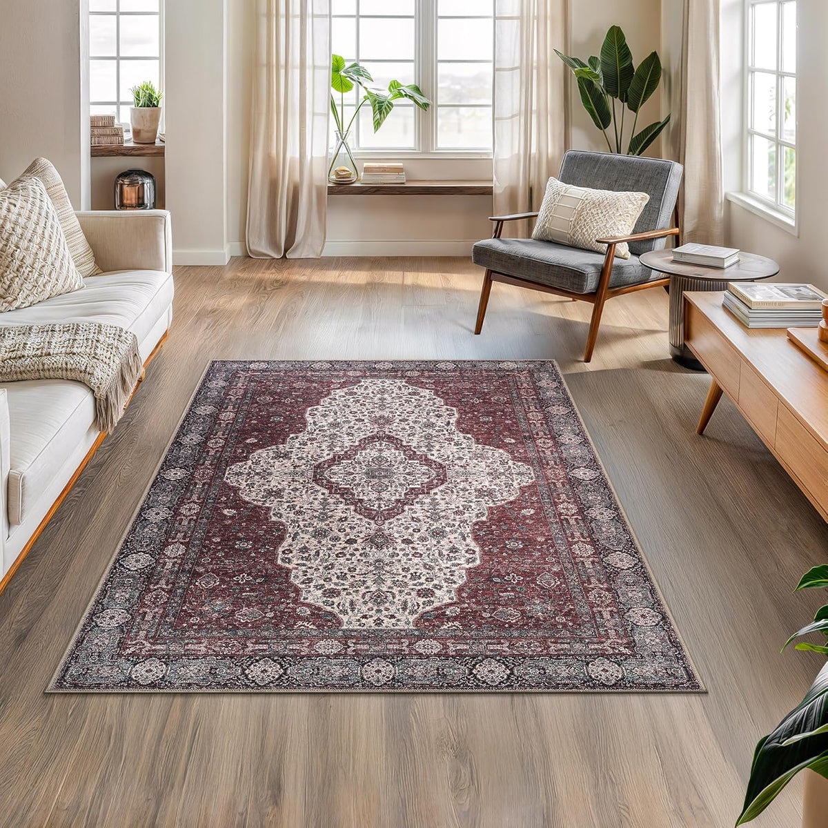 Bloom Rugs Washable Non-Slip 4' x 6' Rug - Red/Green/Cream Traditional Medallion Area Rug for