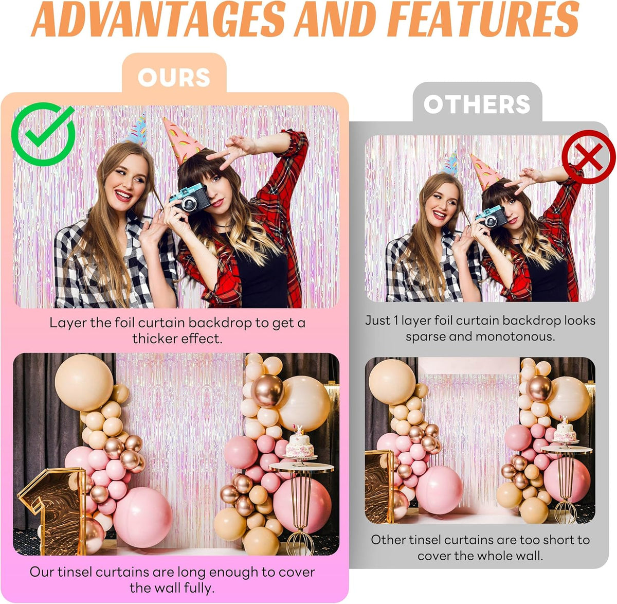 BTSD-home 4 Pack Iridescent Backdrop Transparent Clear Foil Fringe Curtain, Metallic Photo Booth