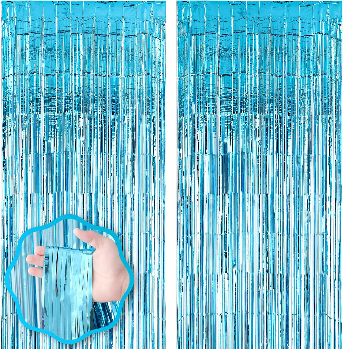 2 Pack 3.3x8.2 Feet Light Blue Foil Fringe Backdrop Curtains, Tinsel Streamers Birthday Party