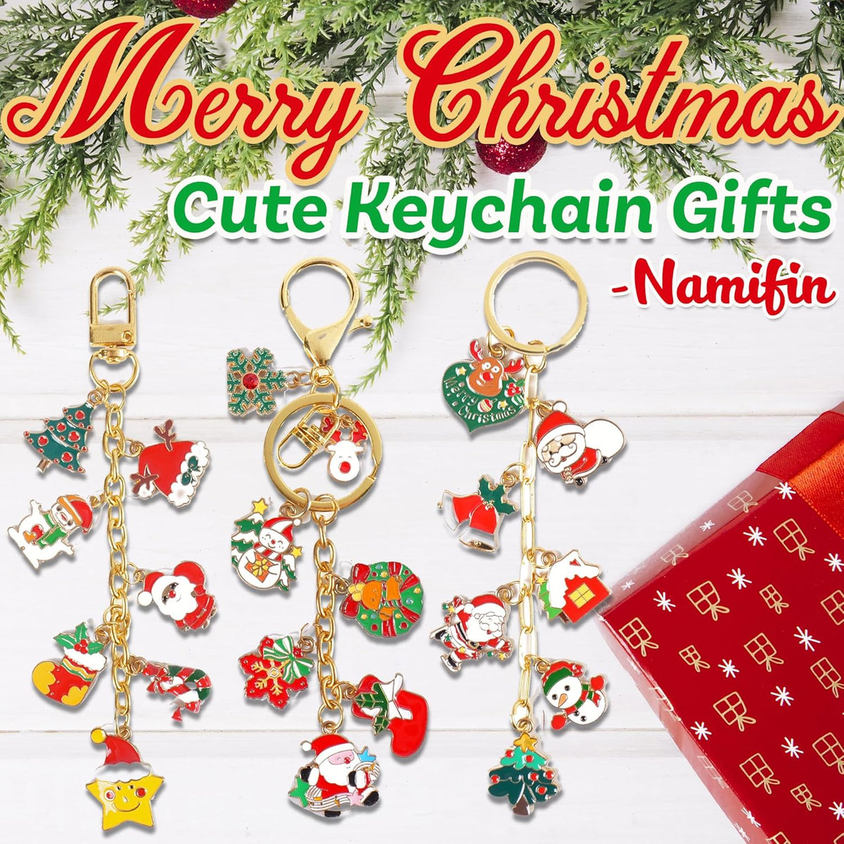 Namifin 374 Pcs Christmas Keychain Making Kit with Charms & Keychain Clips - DIY Bag Charms, Pearl