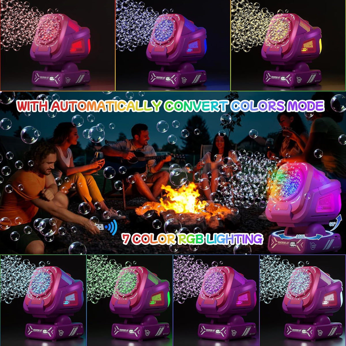 2025 Upgraded Bubble Machine with Remote Control, Automatic Rotation & RGB Lights, 1800mAh