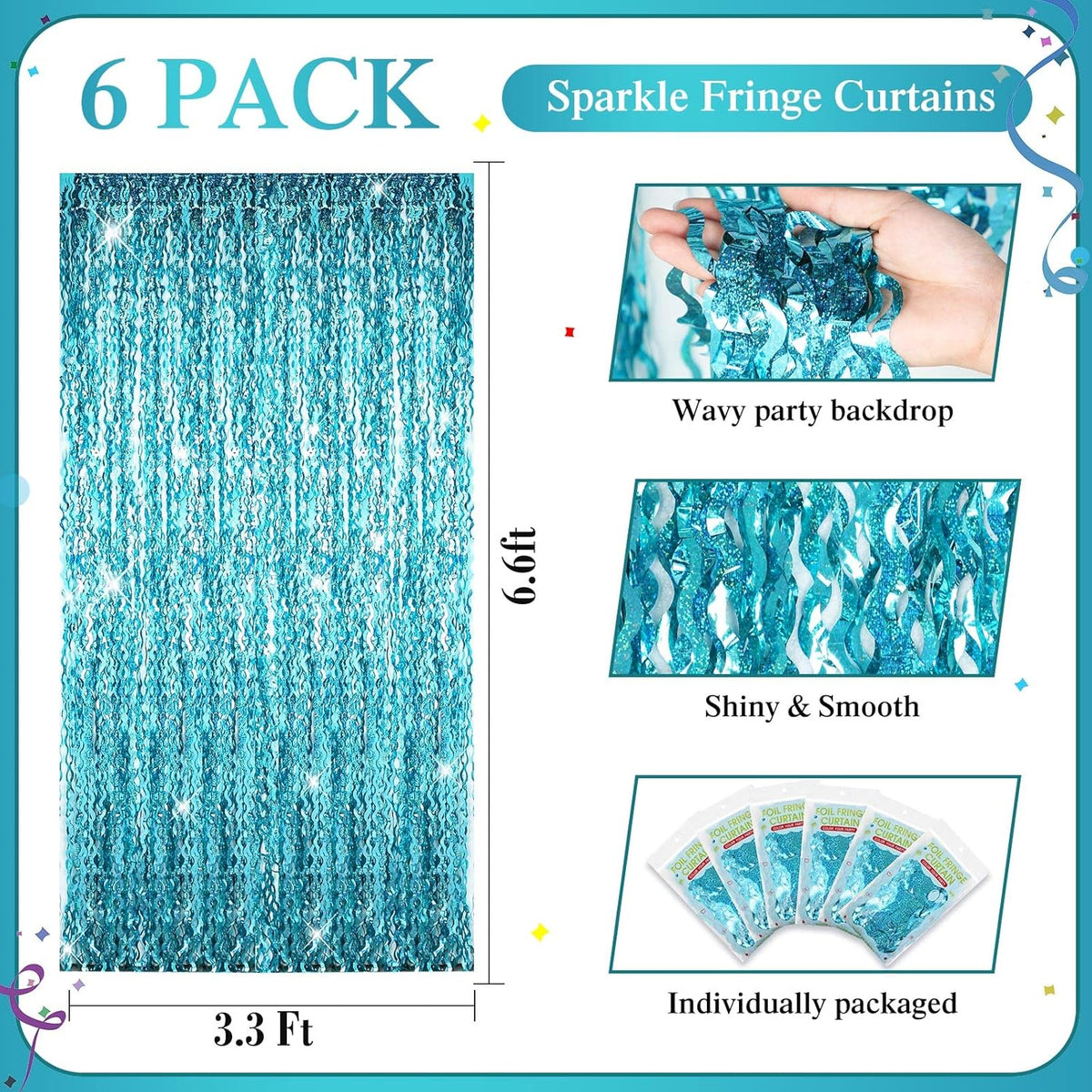 Jutom 6 Pieces 3.3 x 6.6 ft Wavy Tinsel Foil Fringe Curtains Foil Fringe Streamer Backdrop Party