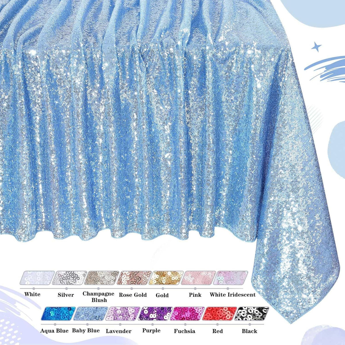 QueenDream Sparkly Sequin Tablecloth - Baby Blue Table Cloth 50x80 Inches Rectangle Table Overlay
