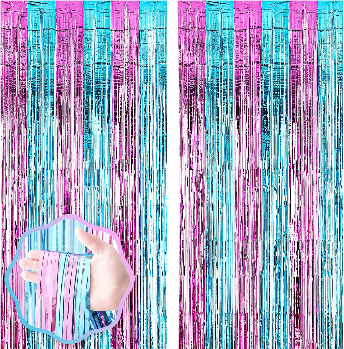 2 Pack 3.3x8.2 Feet Blue and Pink Foil Fringe Backdrop Curtains, Tinsel Streamers Birthday Party
