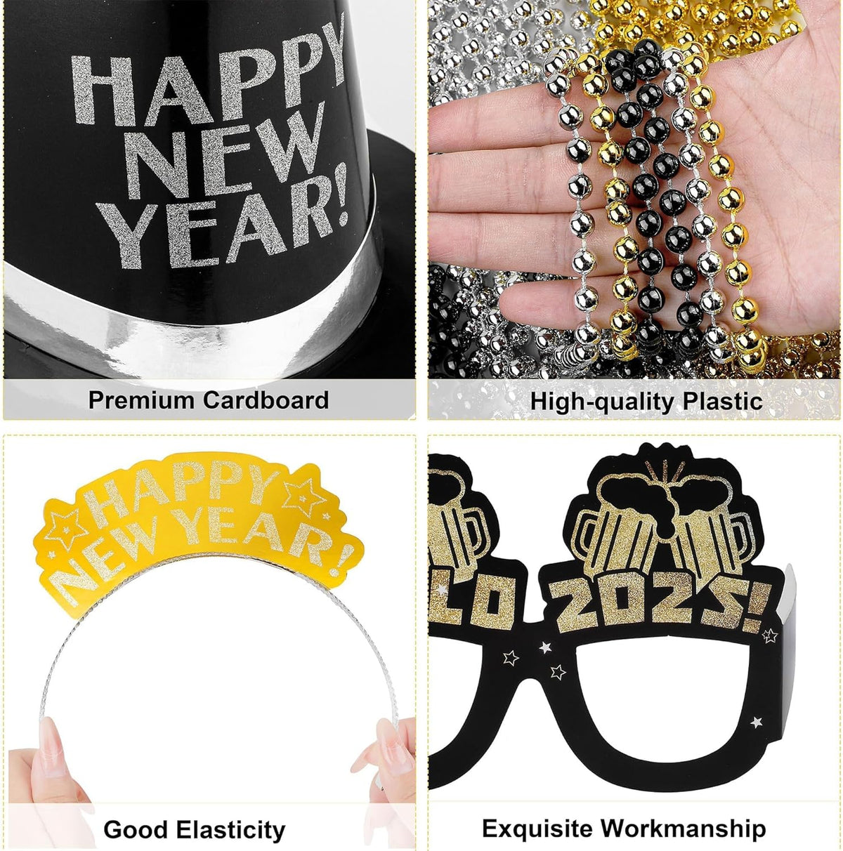 Fovths 264 Pieces 2025 New Years Eve Party Supplies Includes Glasses Top Hats Headband Noisemakers